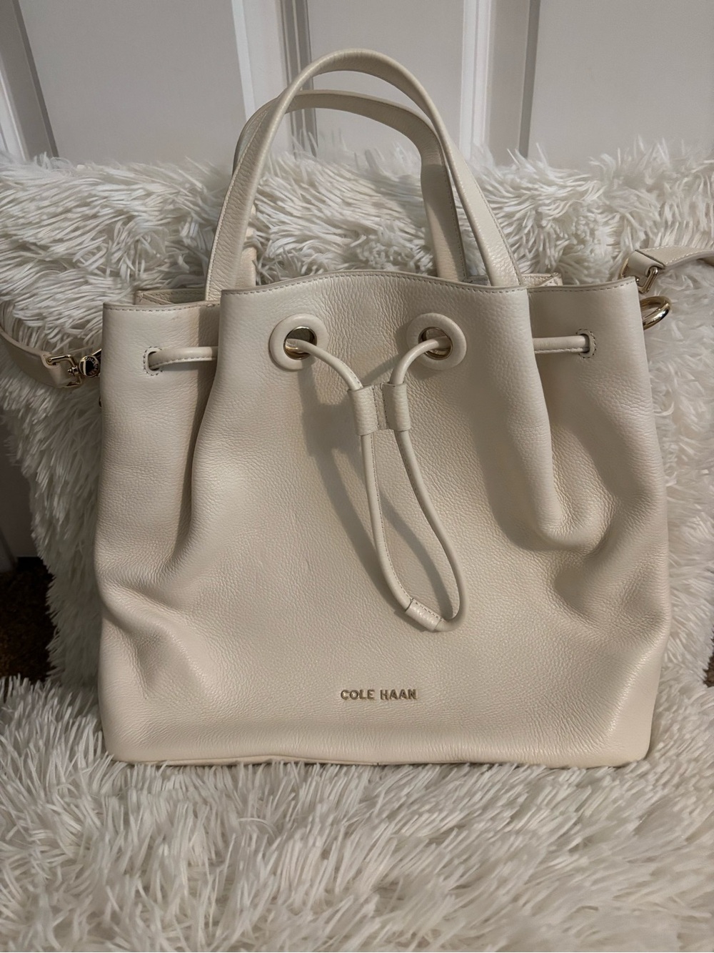 Cole Haan Ivory Pebble Leather Drawstring Tote